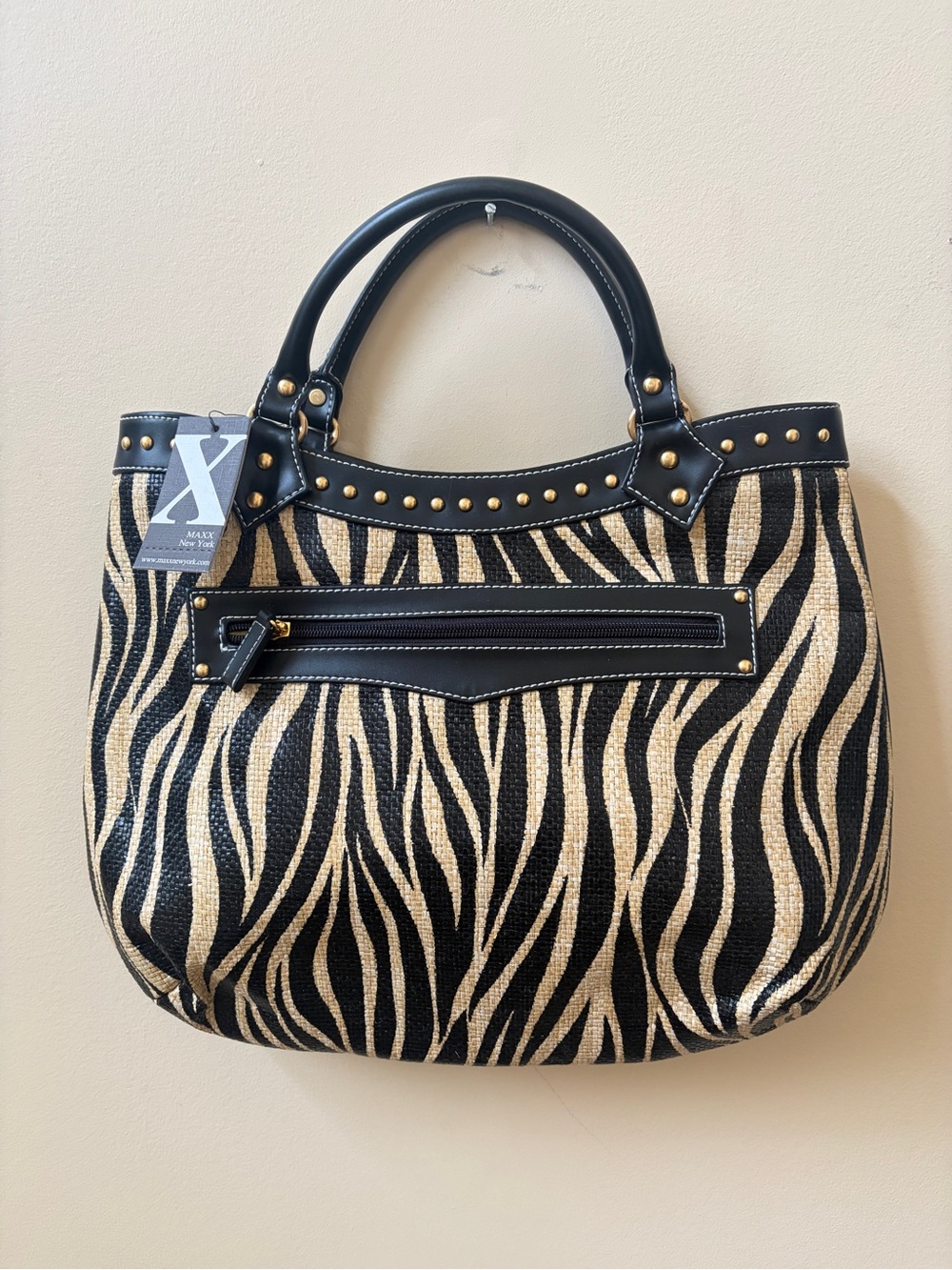 Maxx New York Black & Tan Zebra-Print Handbag with Stud Detailing - NEW
